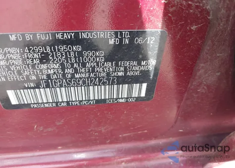 2012 Subaru Impreza 2.0I Sport Limited from USA, damaged, VIN JF1GPAS69CH242573